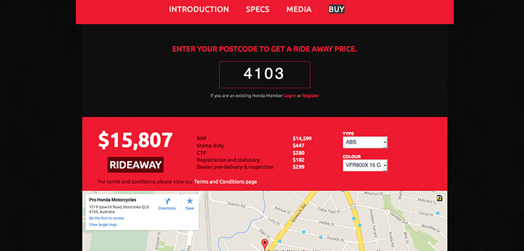 motorcycles.honda.com.au website ride away price