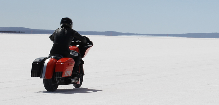 Pepper Harley-Davidson Street Glide called Pepper at its speed record attempt at Lake Gairdner
