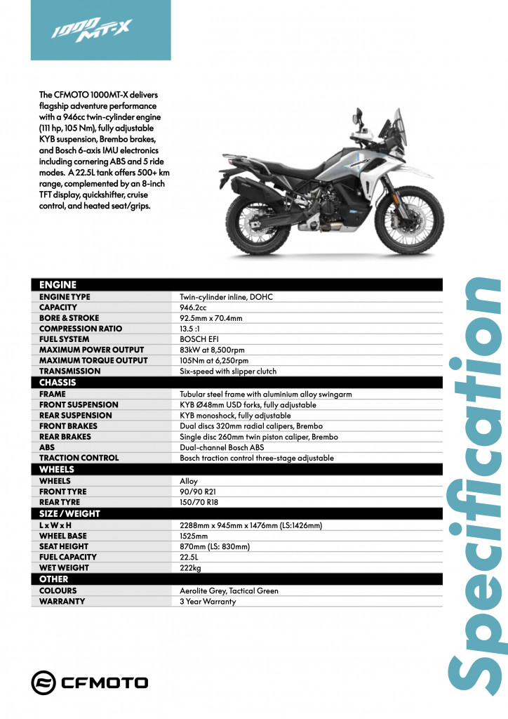 CFMOTO MY26 1000MT-X - Specifcations